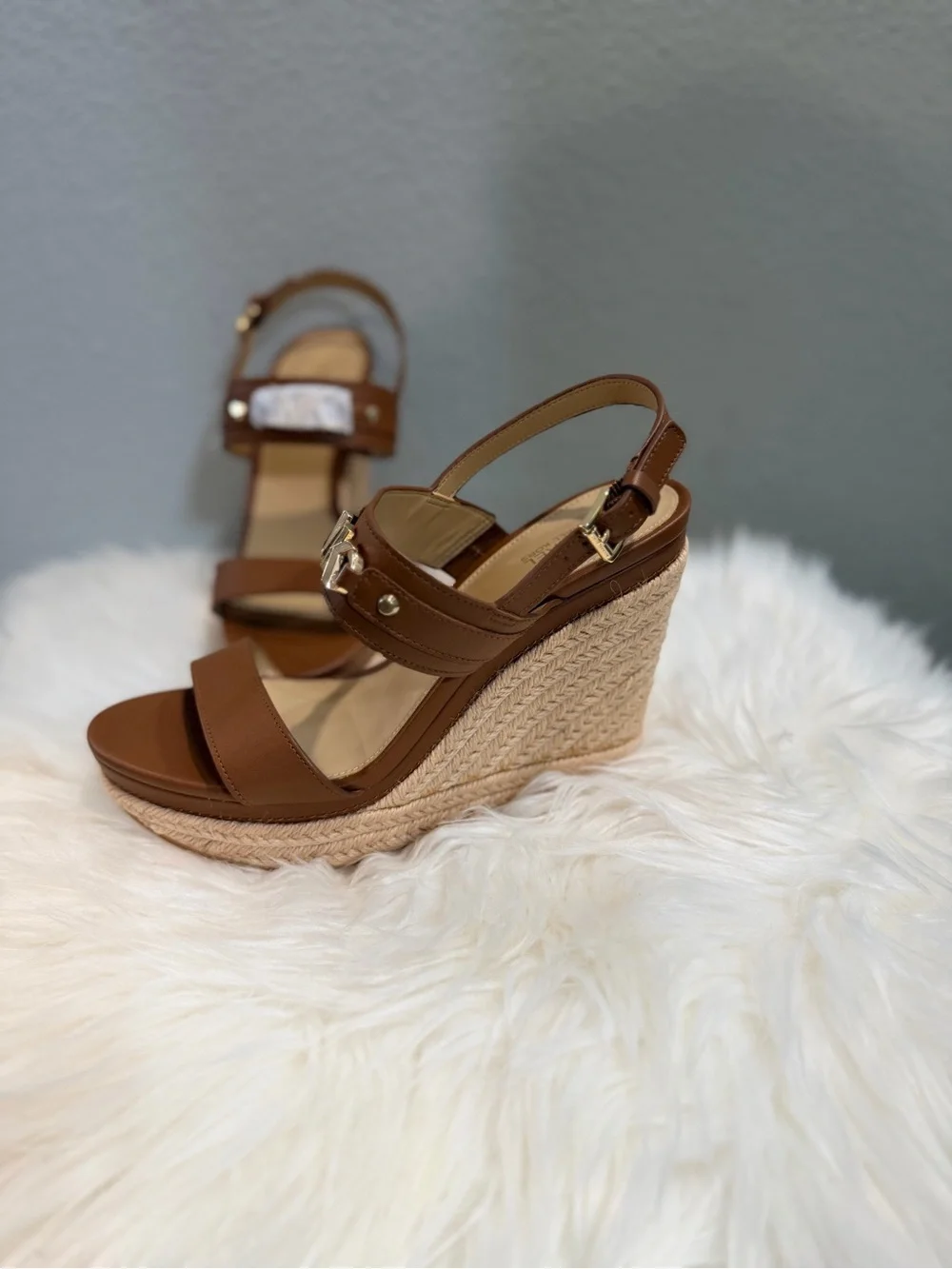Michael Kors Cognac Brown Espadrille Wedge Sandals with Gold Accents